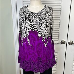 Serengeti Tunic Top XL Black White Zebra Purple Floral Rhinestone Blouse